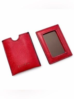 Emilie M Red Leather Compact Mirror Case Travel Makeup Pocket